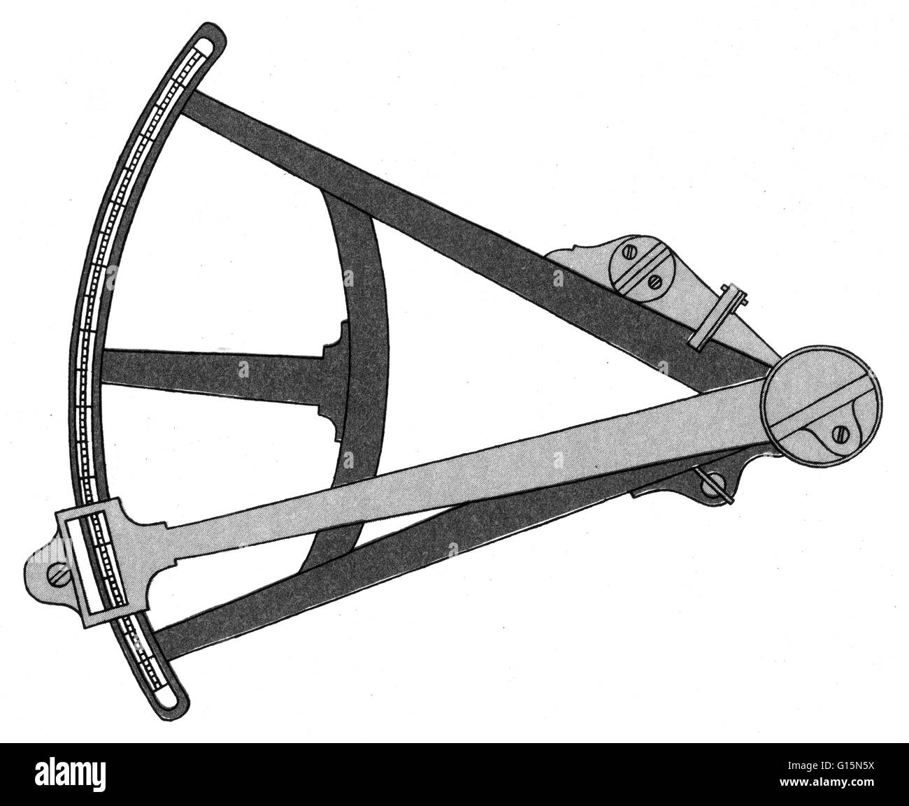 The octant, also called reflecting quadrant, is a measuring instrument used primarily in navigation. It is a type of reflecting instrument. The quadrant was the earliest astronomical instrument converted for nautical use. It was used to determine the alti Stock Photo