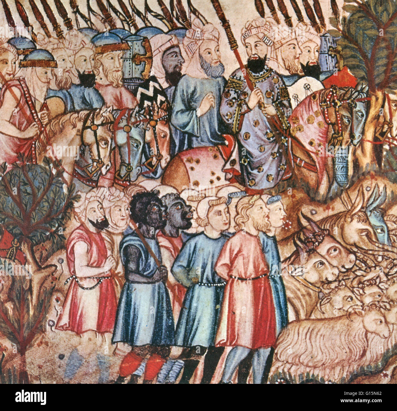 Christian prisoners of war. Note the similarity between the Christian captives and the Moorish foot soldiers, in contrast with the leader in his purple robes with silk and pearls. From the Cantigas de Santa Maria. The Umayyad conquest of Hispania is the i Stock Photo