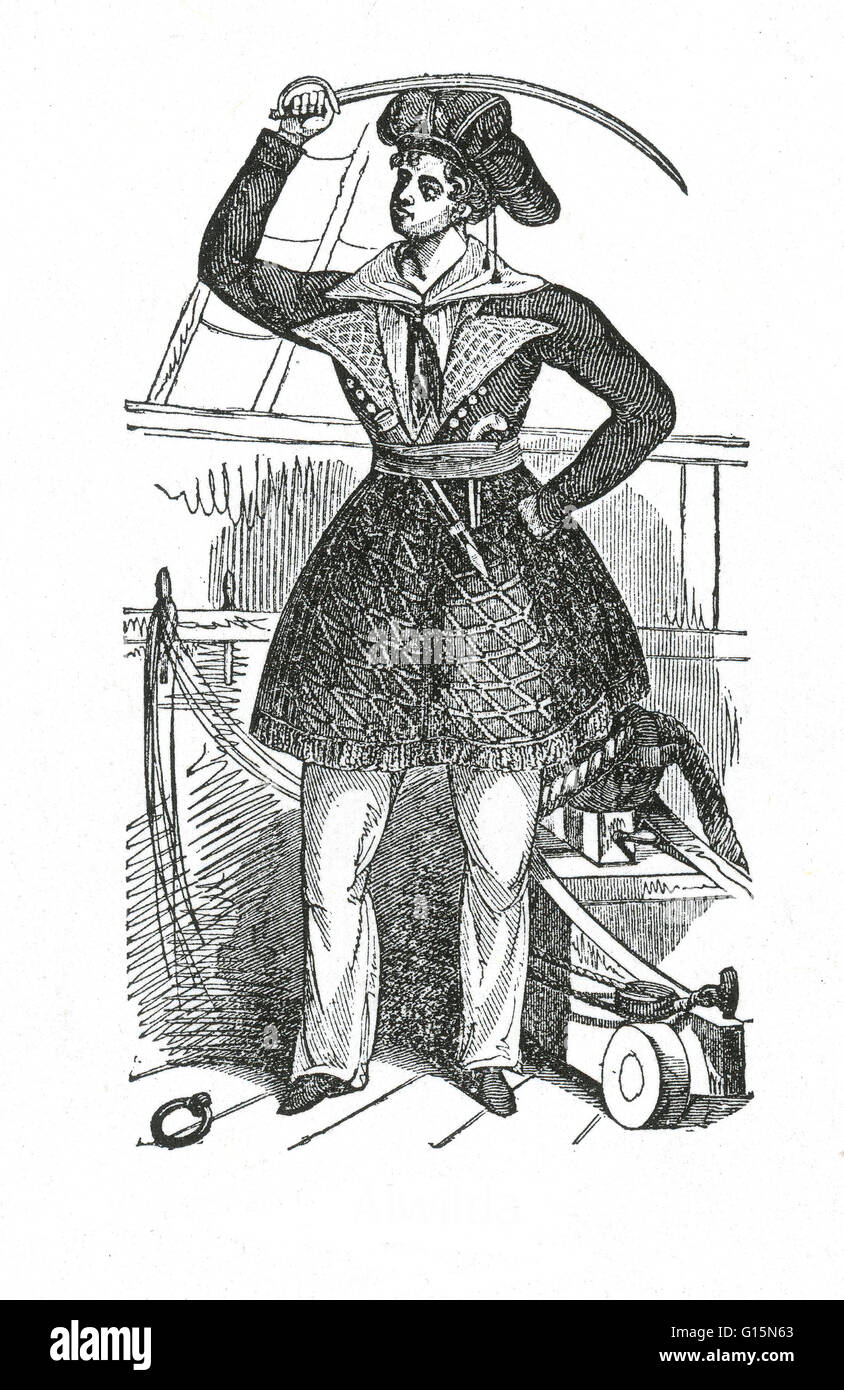 Awilda as depicted in The Pirates Own Book, published in 1837. In Gesta Danorum (Deeds of the Danes), Siward, (Sywardus, Synardus), was an ancient king in Gotaland, who had a daughter named Awilda, who became a legendary Viking pirate. To protect his daug Stock Photo