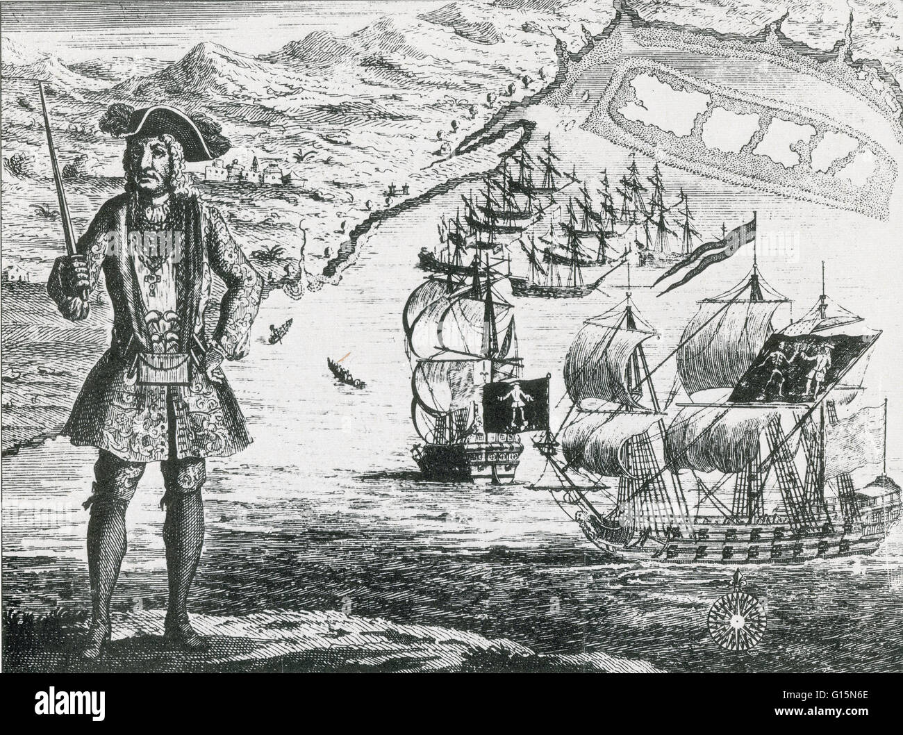 Bartholomew Roberts (1682-1722) was a Welsh pirate who raided ships off America and West Africa between 1719 and 1722. He was the most successful pirate of the Golden Age of Piracy, as measured by vessels captured, taking over 470 prizes in his career. He Stock Photo