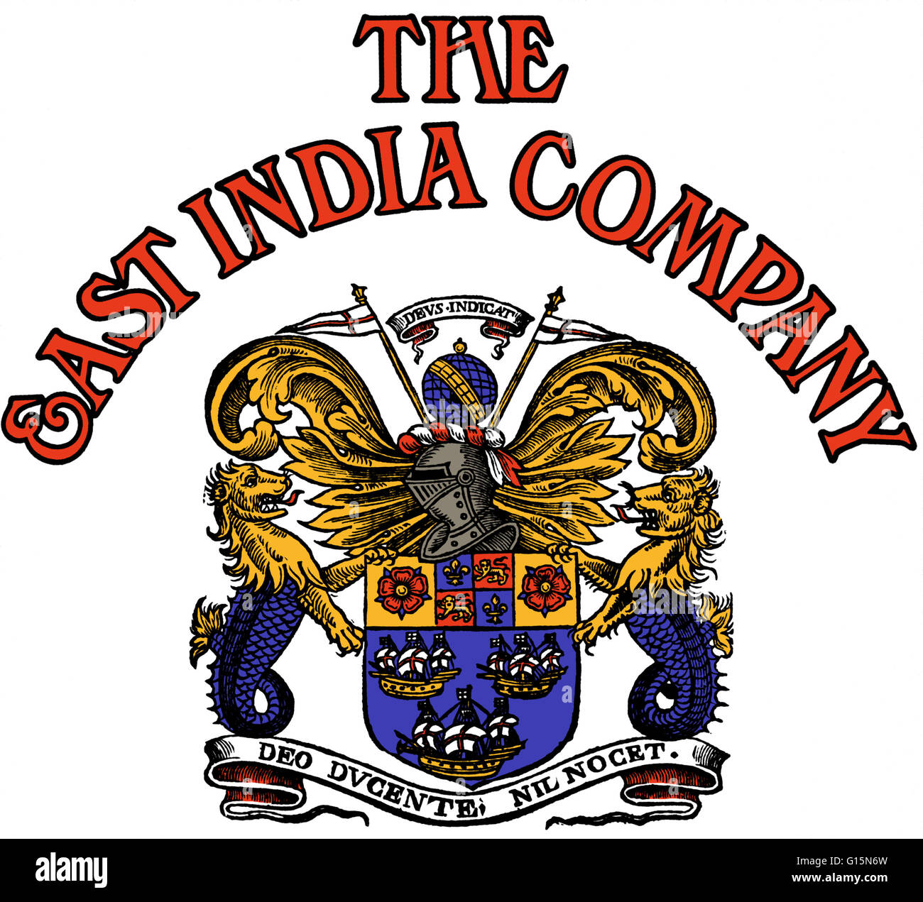 The company's first arms bear the motto: God leading, we are safe. The Dutch East India Company was a chartered company established in 1602, when the States-General of the Netherlands granted it a 21-year monopoly to carry out colonial activities in Asia. Stock Photo