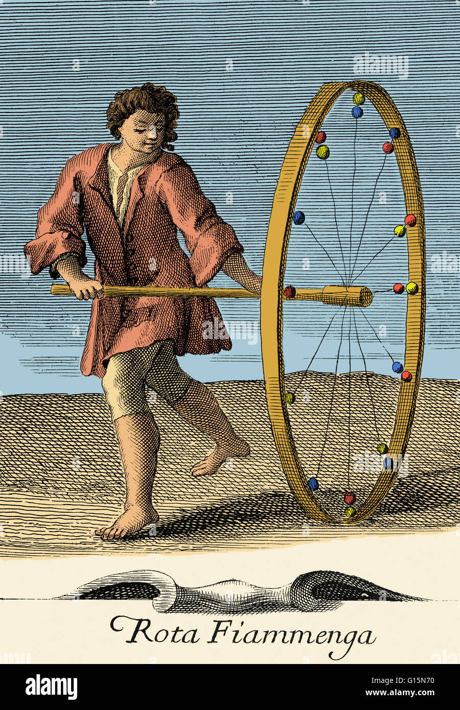 Toy wheel used by children in Flanders, 1723. Hoop rolling is both a sport and a child's game in which a large hoop is rolled along the ground, generally by means of an implement wielded by the player. The aim of the game is to keep the hoop upright for l Stock Photo