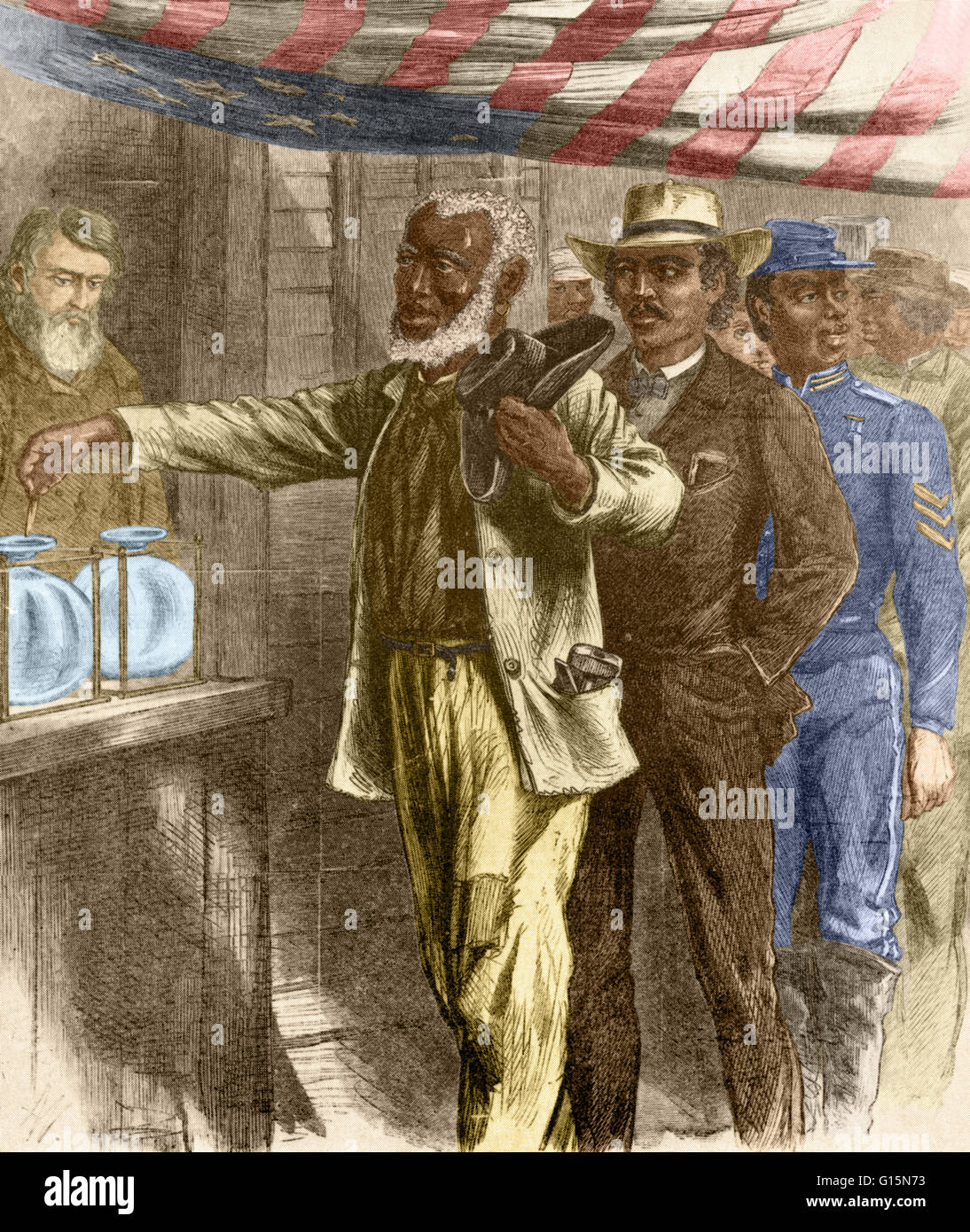 Etching entitled and captioned: 'First Black Vote. Though there would be still so many rivers to cross and mountains to climb, this was indeed a glorious, inspiring, landmark event. We can sense the many years this gray-haired man has waited for this mome Stock Photo
