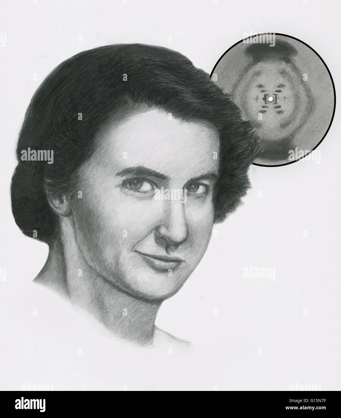 Illustration of Rosalind Franklin (1920-1958), British X-ray crystallographer. Her work producing x-ray images of DNA (Deoxyribonucleic acid), shown in the upper right, was crucial in the discovery of the structure of DNA by James Watson and Francis Crick Stock Photo