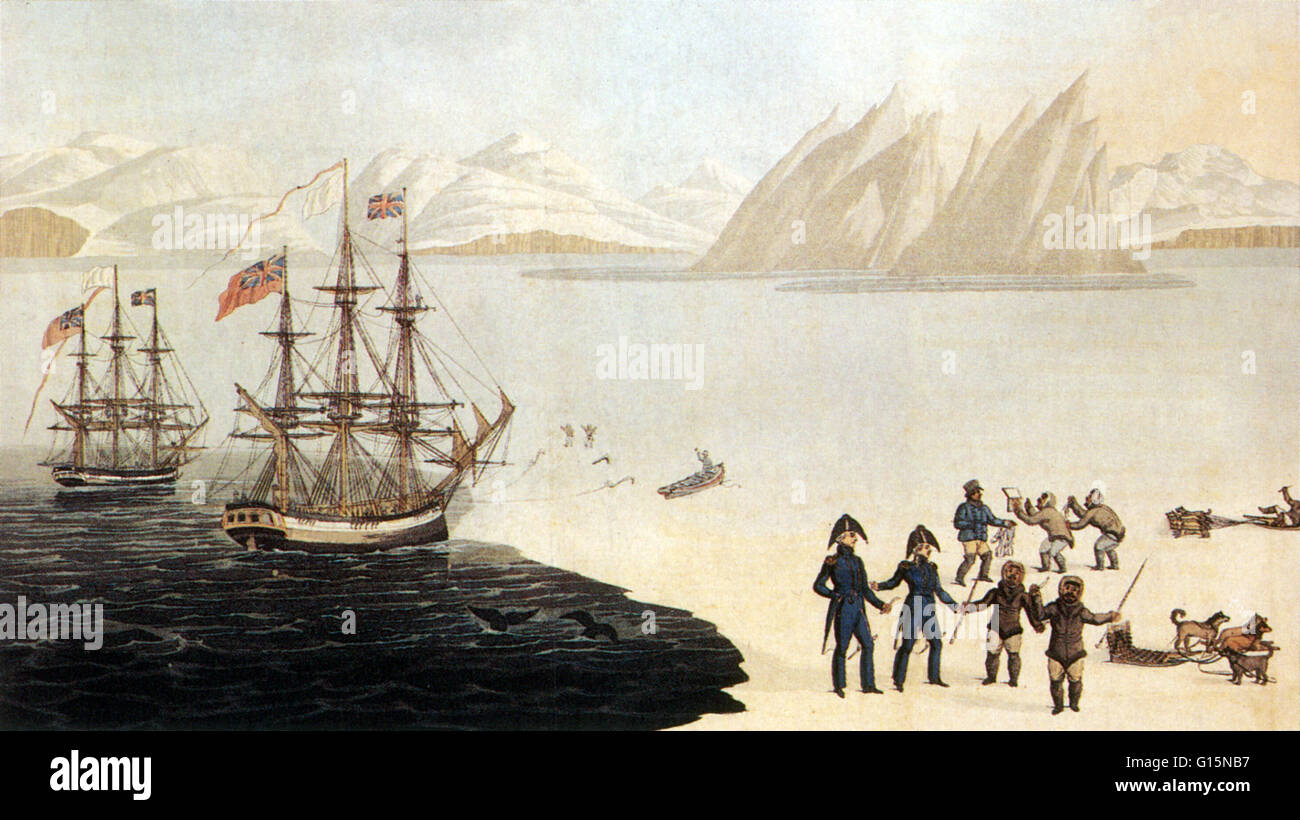 Illustration of first contact (1818) between Arctic explorer John Ross and the Eskimos (Inuit) of Baffin Island, who had never before seen Europeans, during Ross's attempt to find the Northwest Passage.  Sir John Ross (1777-1856) was a Scottish rear admir Stock Photo