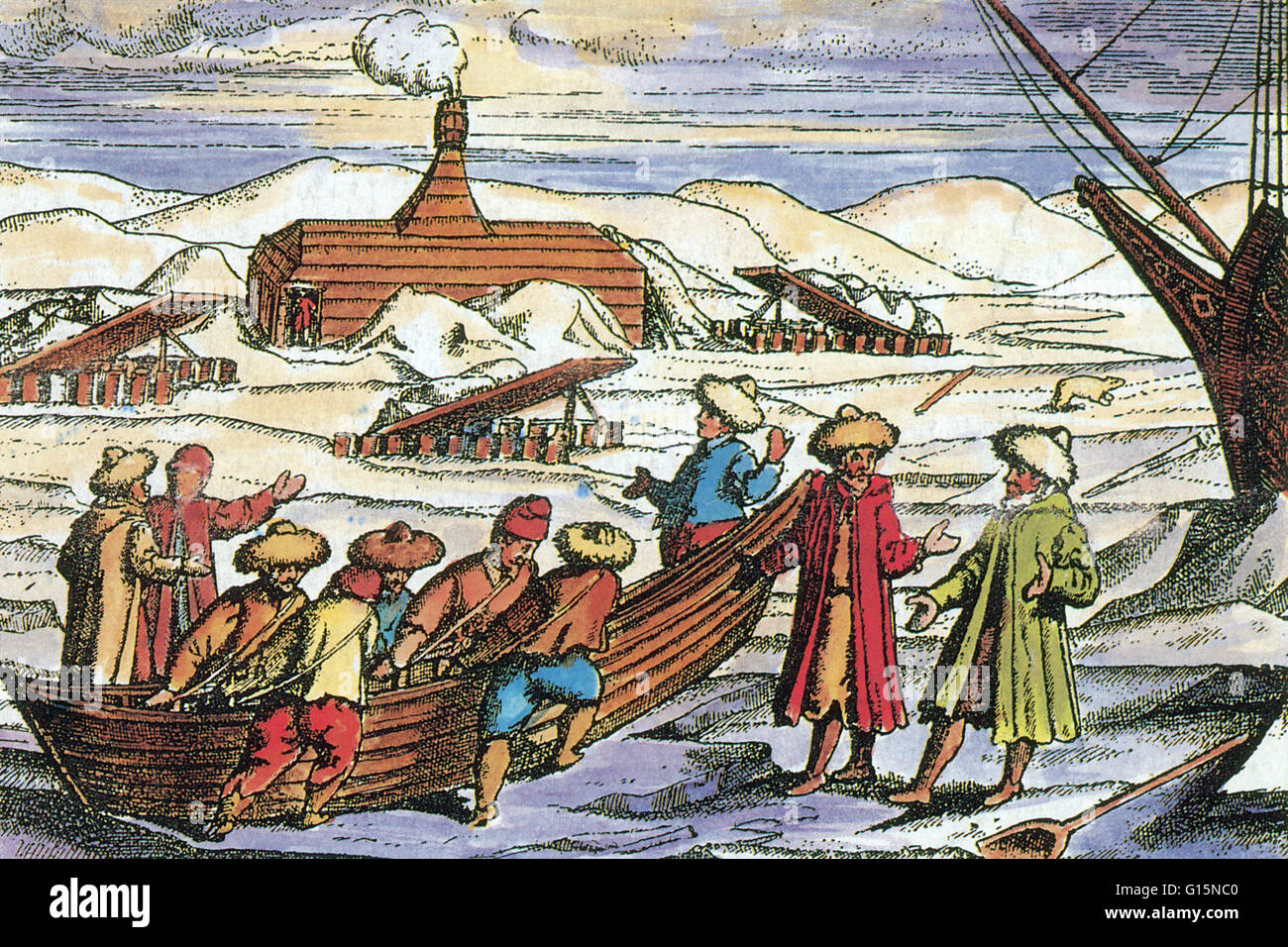 William Barents and his crew trapped in the Arctic during their third expedition of 1596.  Led by the Dutch navigator and explorer William Barents (c.1550-1597), the expedition attempted to find the Northeast Passage from the Atlantic to the Pacific. Afte Stock Photo