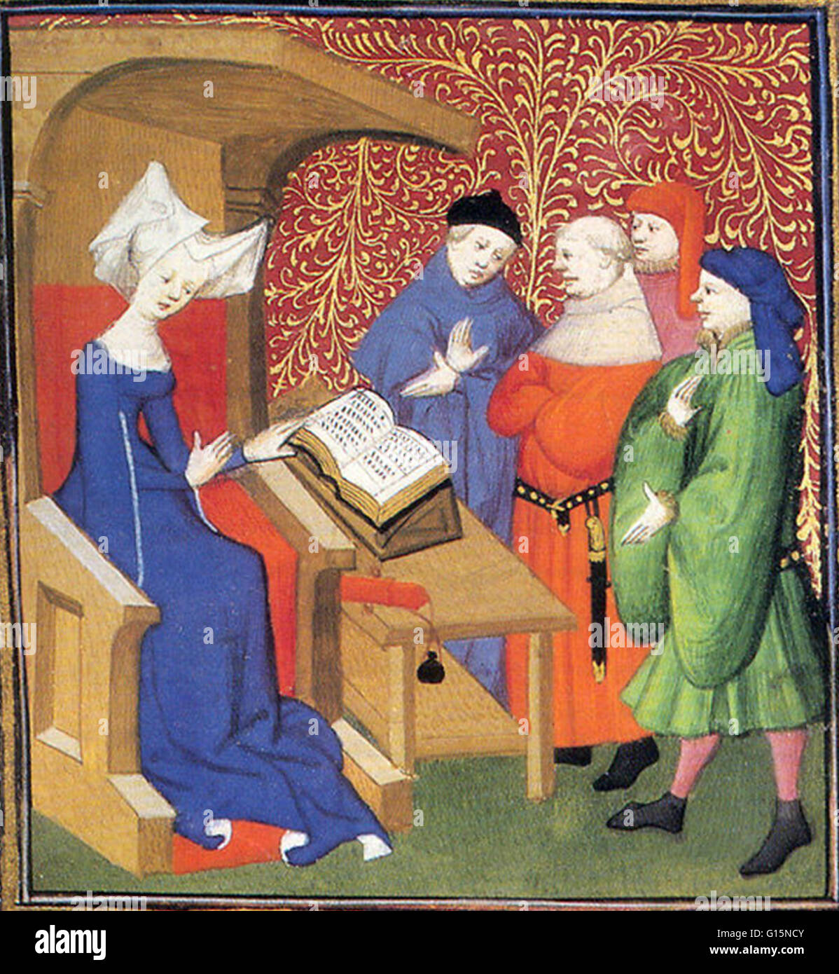 Christine de Pizan lecturing to a group of men. Christine de Pizan (1364-c.1430) was an Italian-born French medieval writer of many works, including poems of courtly love, a biography of Charles V of France, and several works championing women.  She was c Stock Photo