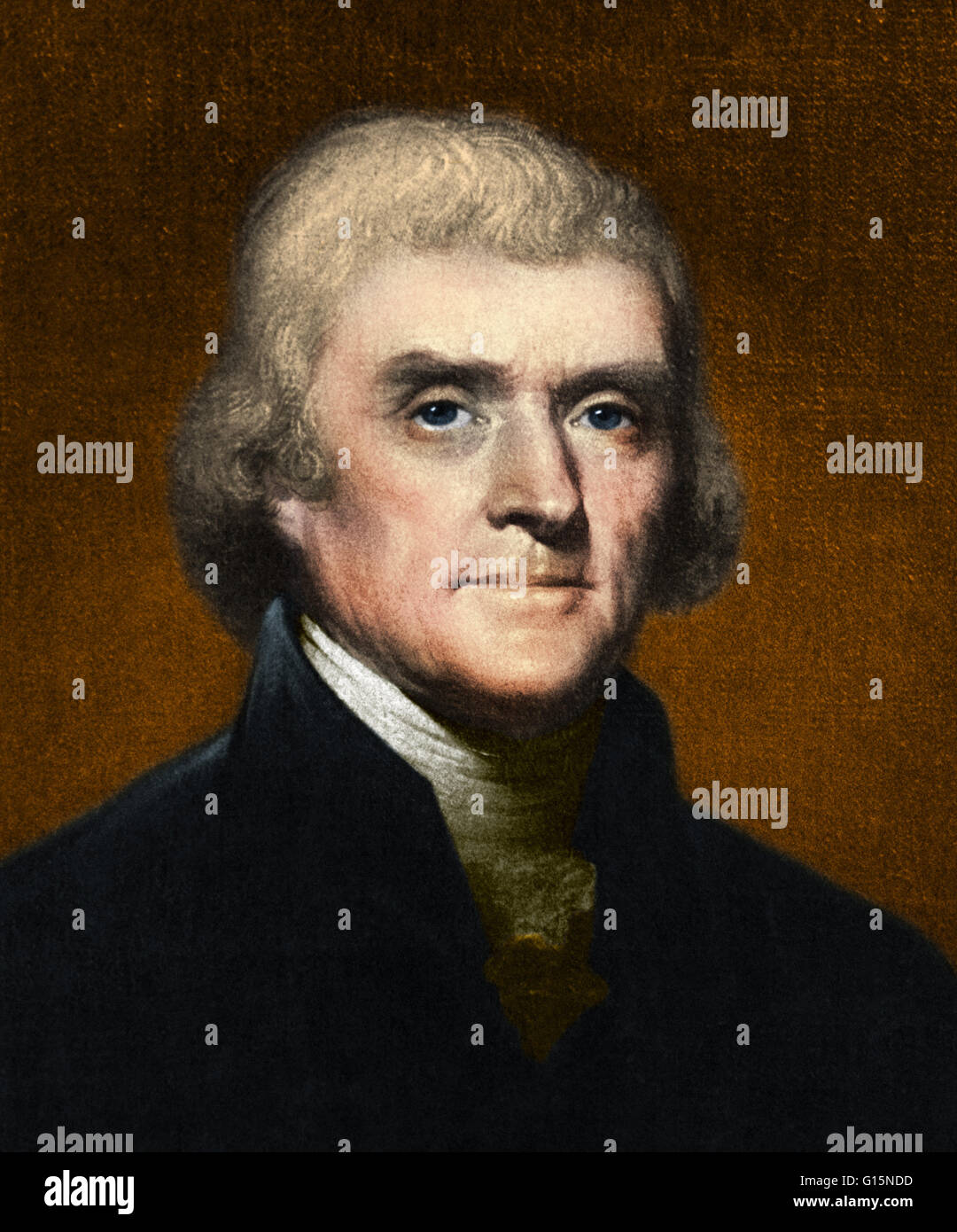 Portrait of Jefferson by artist Rembrandt Peale, believed to be from 1803. JThomas Jefferson (April 13, 1743 - July 4, 1826) was an American Founding Father, the principal author of the United States Declaration of Independence (1776) and third President Stock Photo