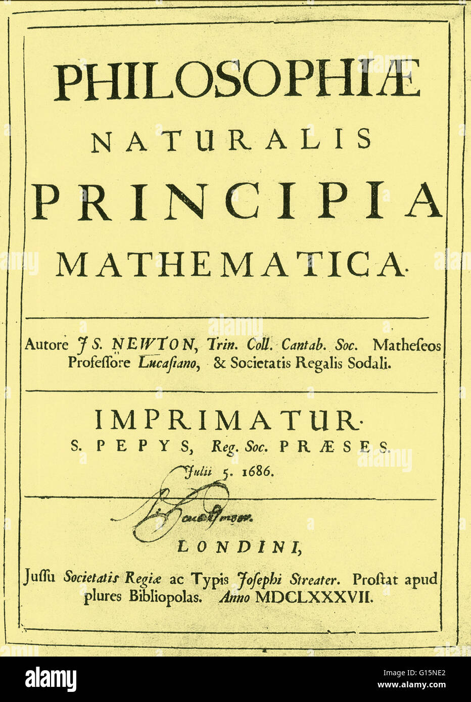 The title page of Isaac Newton's 'Philosophiae Naturalis Principia Mathematica' (first issue, first edition, London, 1687), one of the most important milestones in science. Lays the foundations for most of classical mechanics. Stock Photo