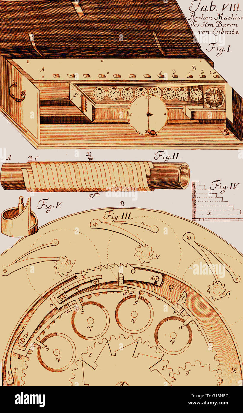 Leibniz may have been the first computer scientist and information theorist. The Step Reckoner (or Stepped Reckoner) was a digital mechanical calculator invented by German mathematician Gottfried Wilhelm Leibniz around 1672 and completed in 1694. It was t Stock Photo