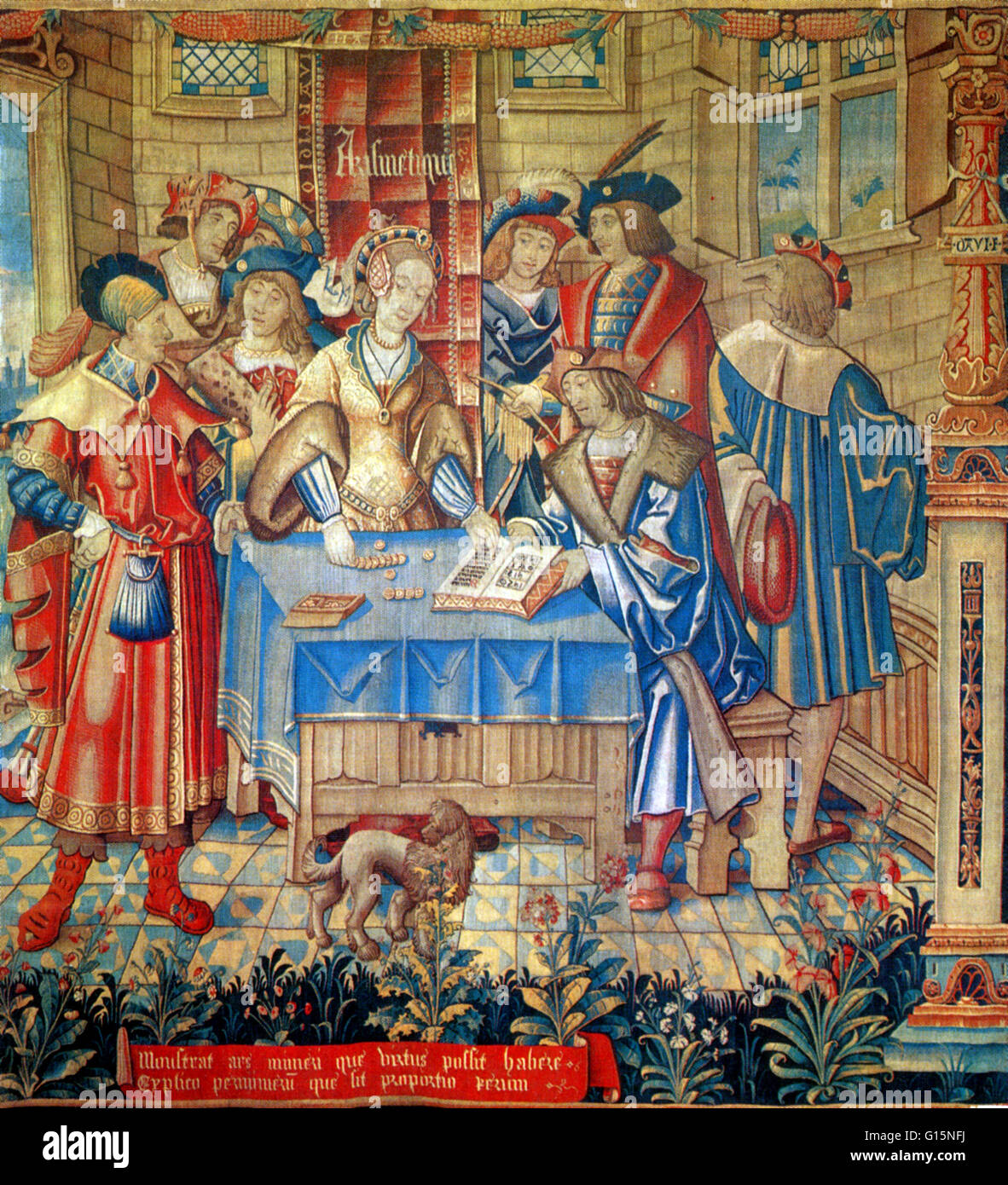 Tapestry of Liberal Arts, The Arithmetic, Tapestries in the National Museum of the Middle Ages, 1520. Arithmetic is the most elementary branch of mathematics, used for tasks ranging from simple day-to-day counting to advanced science and business calculat Stock Photo