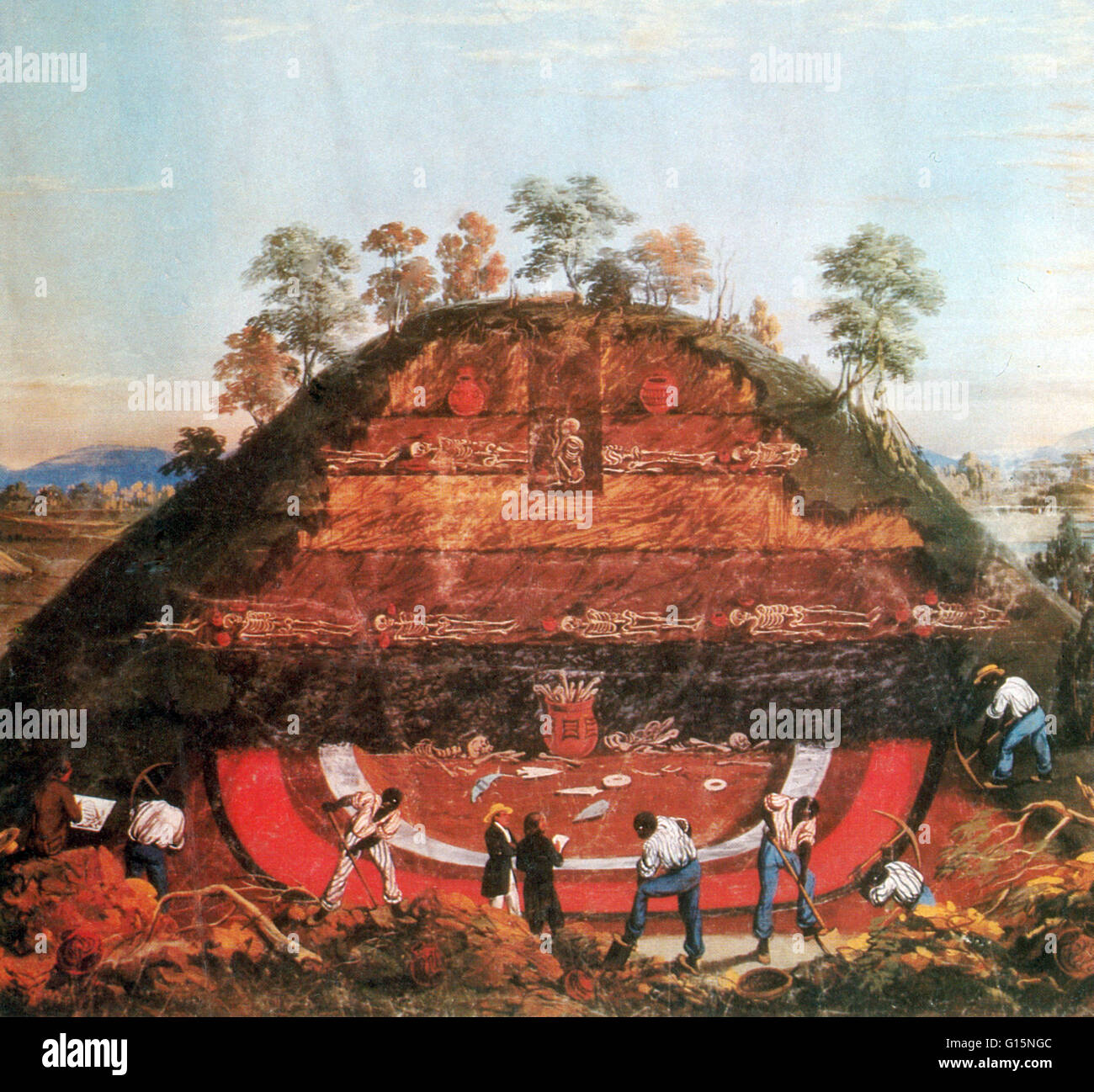 Mound building was a central feature of the public architecture of many Native American and Mesoamerican cultures from Chile to Minnesota. Thousands of mounds in America have been destroyed as a result of farming, pot-hunting, amateur and professional arc Stock Photo
