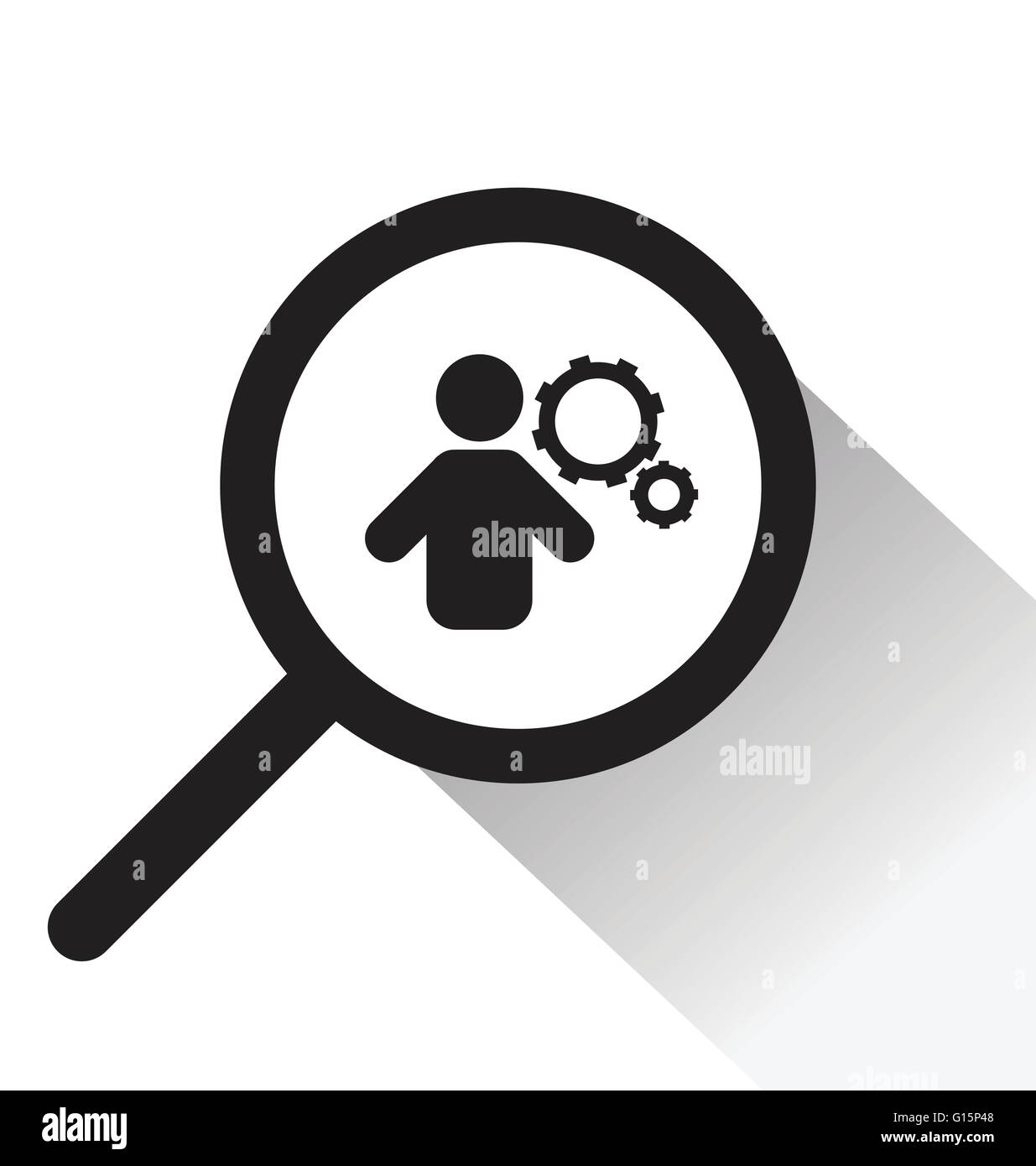 vector magnifying glass with man and cog icon on white background Stock