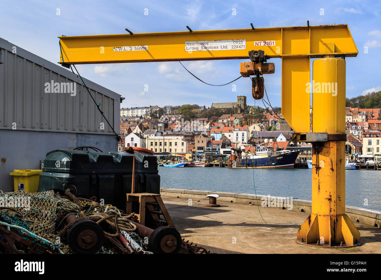 Heavy duty lifting crane in the fishing harbour. Scarborough town
