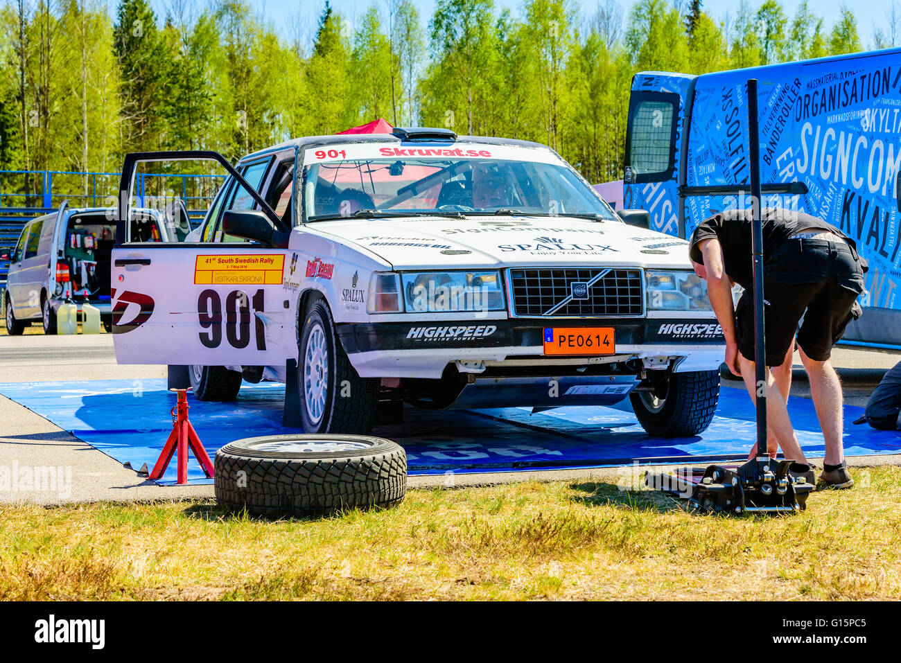 Emmaboda, Sweden - May 7, 2016: 41st South Swedish Rally in service depot. Depot stop for team Athley and Liljegren, pre racers Stock Photo