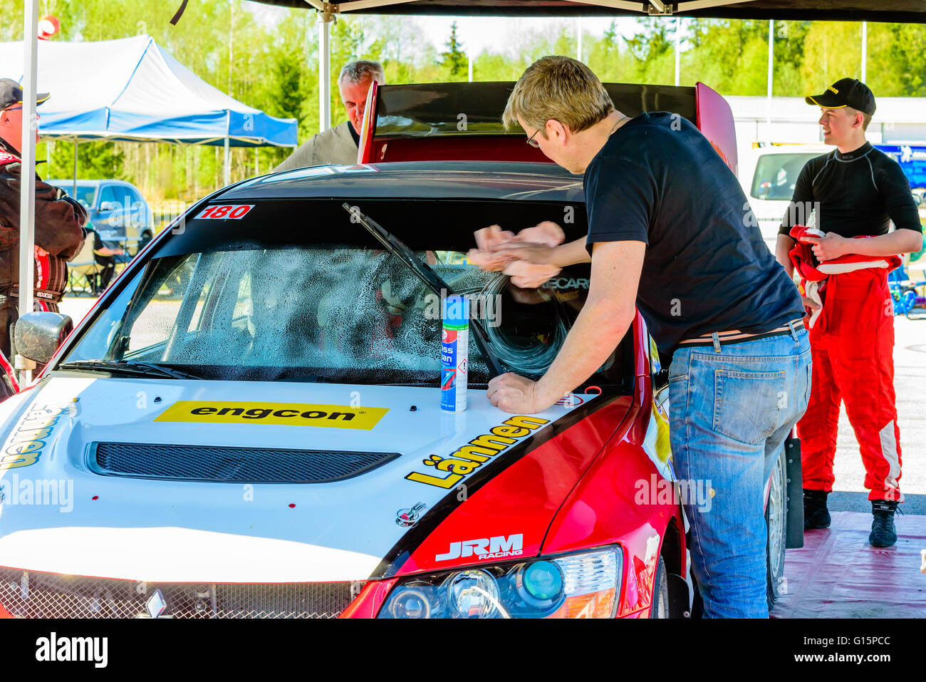 Emmaboda, Sweden - May 7, 2016: 41st South Swedish Rally in service depot. Cleaning and service at team Scholander with their re Stock Photo