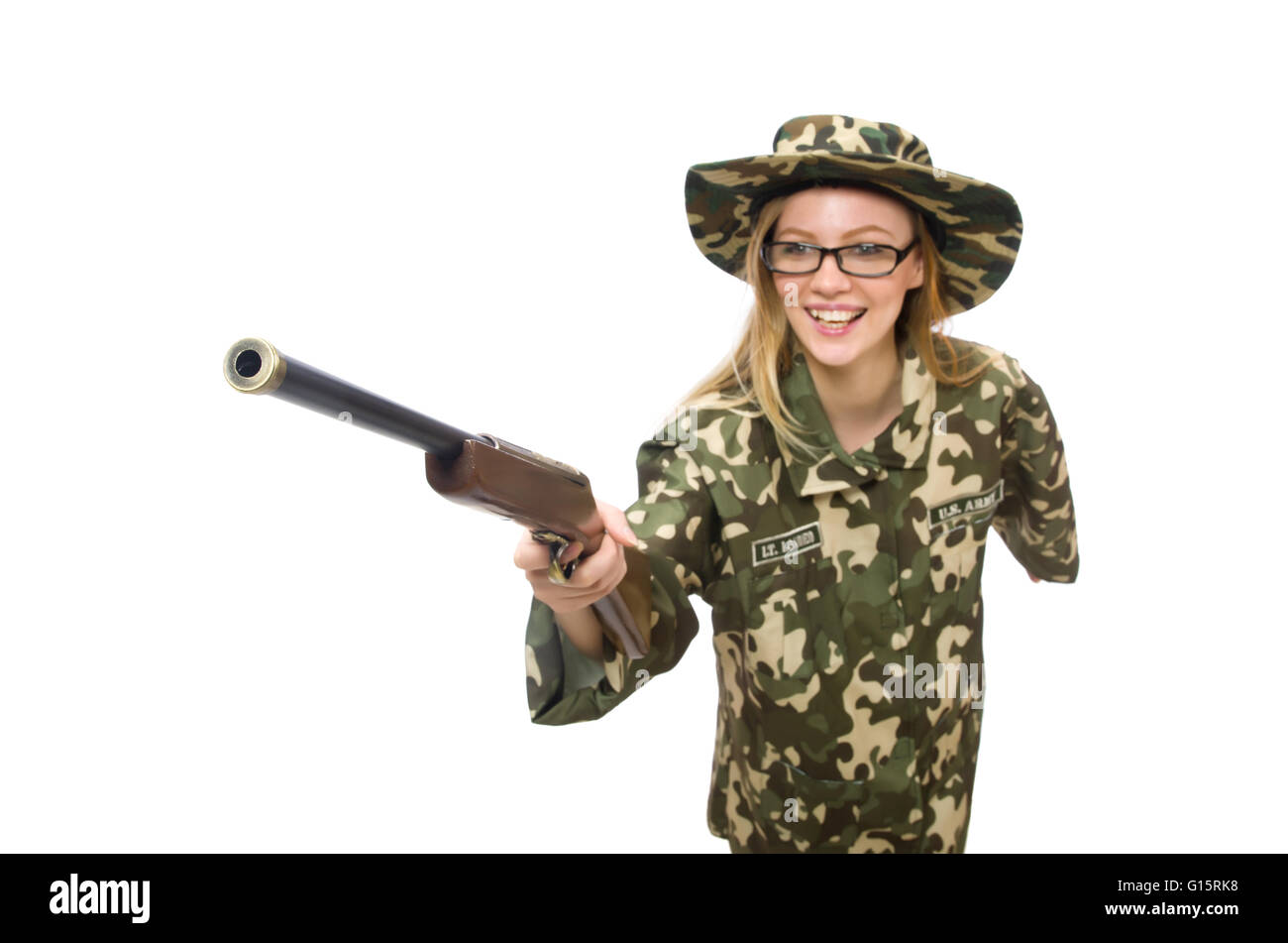 Girl in military uniform holding the gun isolated on white Stock Photo