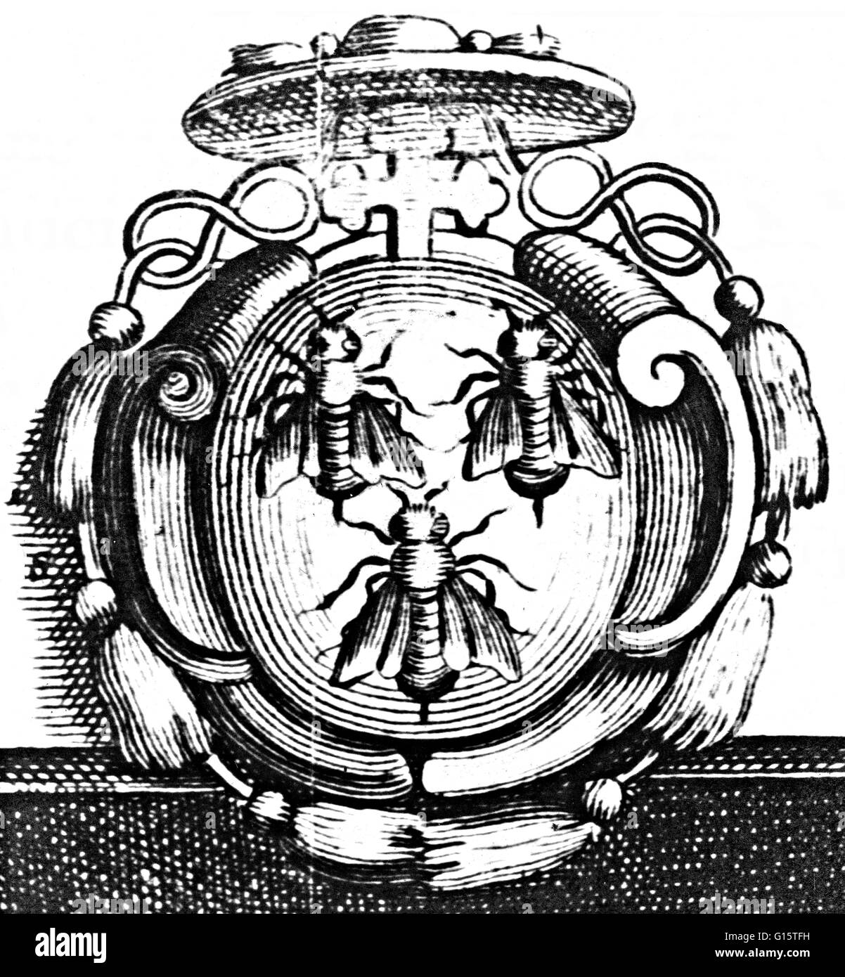 Coat of arms (three bees) for Francesco Barberini an Italian Catholic Cardinal. Ecclesiastical heraldry is the tradition of heraldry developed by Christian clergy. Initially used to mark documents, ecclesiastical heraldry evolved as a system for identifyi Stock Photo