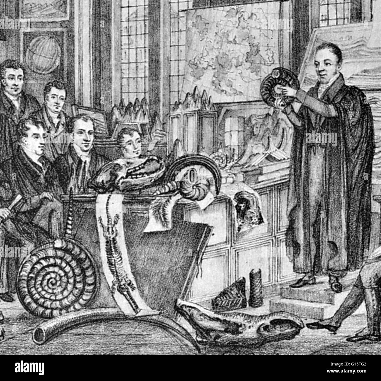 Buckland giving a lecture on fossils and displaying some of his prize ...