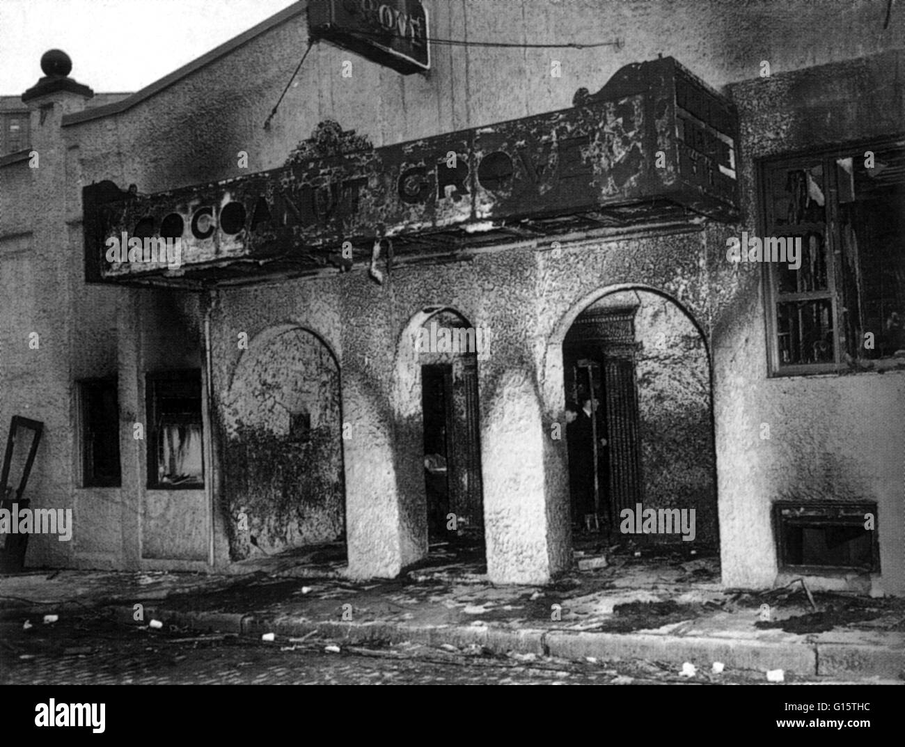 On November 28th 1942, a deadly fire occurred at the Cocoanut Grove Nightclub in Boston, Massachusetts, where 492 people perished in total. The Cocoanut Grove was originally a speakeasy, an illegal bar during alcohol Prohibition, and some of its doors wer Stock Photo