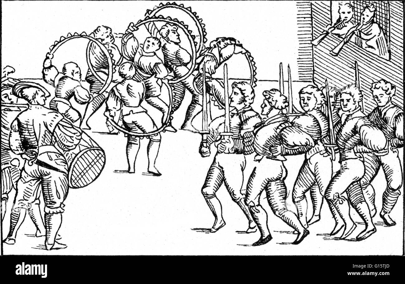 Woodcut from Olaus Magnus' Historia de Gentibus Septentrionalibus (History of the Northern Peoples) depicting hoop exercises. Hoop rolling, also called hoop trundling, is both a sport and a child's game in which a large hoop is rolled along the ground, ge Stock Photo