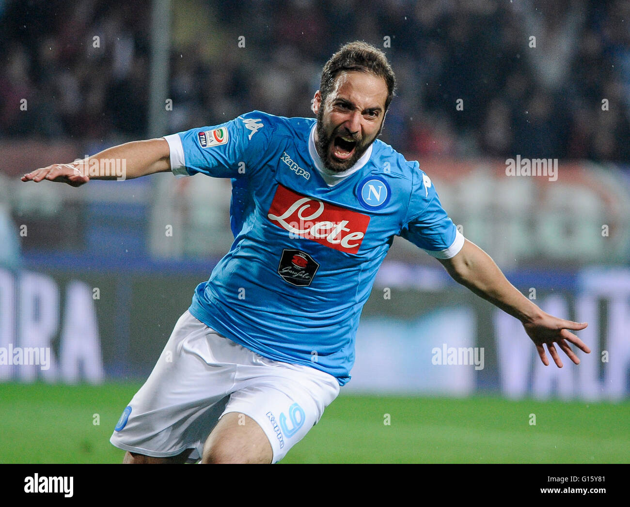 Turin, Italy. 8 may, 2016: Gonzalo Higuain celebrates after scoring during the Serie A football match between Torino FC and SSC Napoli Stock Photo