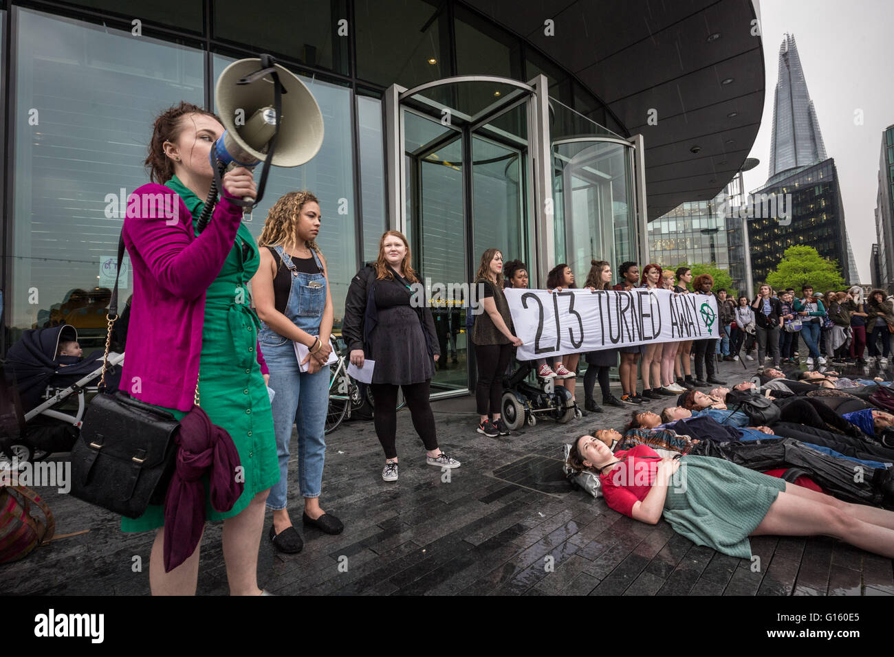 London, UK. 9th May, 2016. Protest against domestic violence outside City Hall by Sisters Uncut activist group Credit:  Guy Corbishley/Alamy Live News Stock Photo