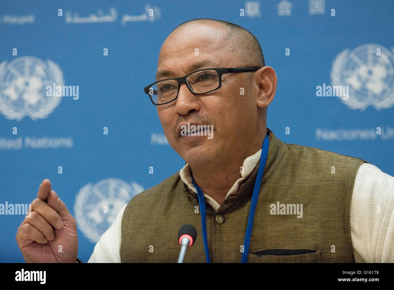 New York, United States. 09th May, 2016. Devasish Roy speaks with the press. In conjunction with the opening of the fifteenth session of the United Nations Permanent Forum on Indigenous Issues (UNPFII15), incoming Chair of the Forum Alvaro Pop, Forum Member Devasish Roy, and Canadian Minister of Indigenous and Northern Affairs spoke at a press conference at UN Headquarters in New York City, outlining key areas of concern for the Forum. © Albin Lohr-Jones/Pacific Press/Alamy Live News Stock Photo