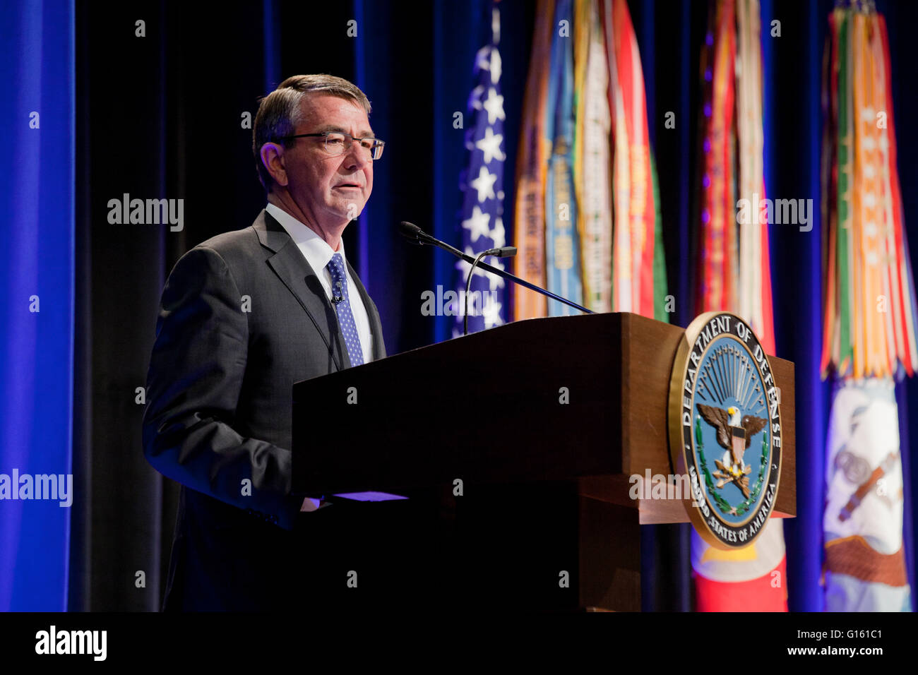 Washington, DC USA, 9th May, 2016: US Department of Defense Ash Carter provides remarks at  a ceremony commemorating the 25th Anniversary of the Nunn-Lugar Cooperative Threat Reduction Program, and presented awards to recipients of the inaugural Department of Defense Nunn-Lugar Trailblazer award.  Senator Sam Nunn and Senator Richard Lugar participate in the awards and discussion. Credit:  B Christopher/17�Թ����� Live News Stock Photo