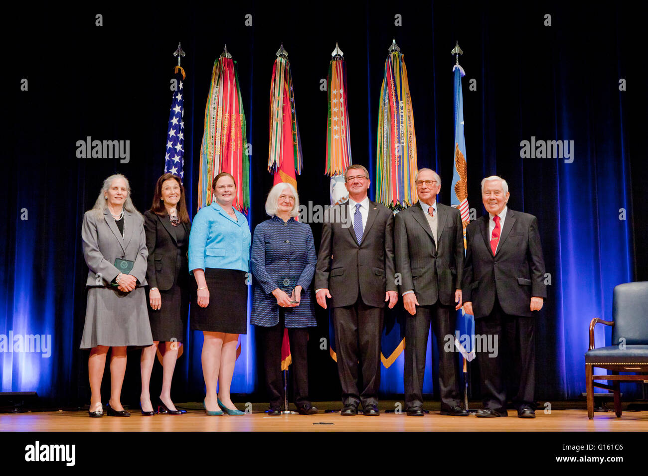 Washington, DC USA, 9th May, 2016: US Department of Defense Ash Carter provides remarks at  a ceremony commemorating the 25th Anniversary of the Nunn-Lugar Cooperative Threat Reduction Program, and presented awards to recipients of the inaugural Department of Defense Nunn-Lugar Trailblazer award.  Senator Sam Nunn and Senator Richard Lugar participate in the awards and discussion. Credit:  B Christopher/Alamy Live News Stock Photo