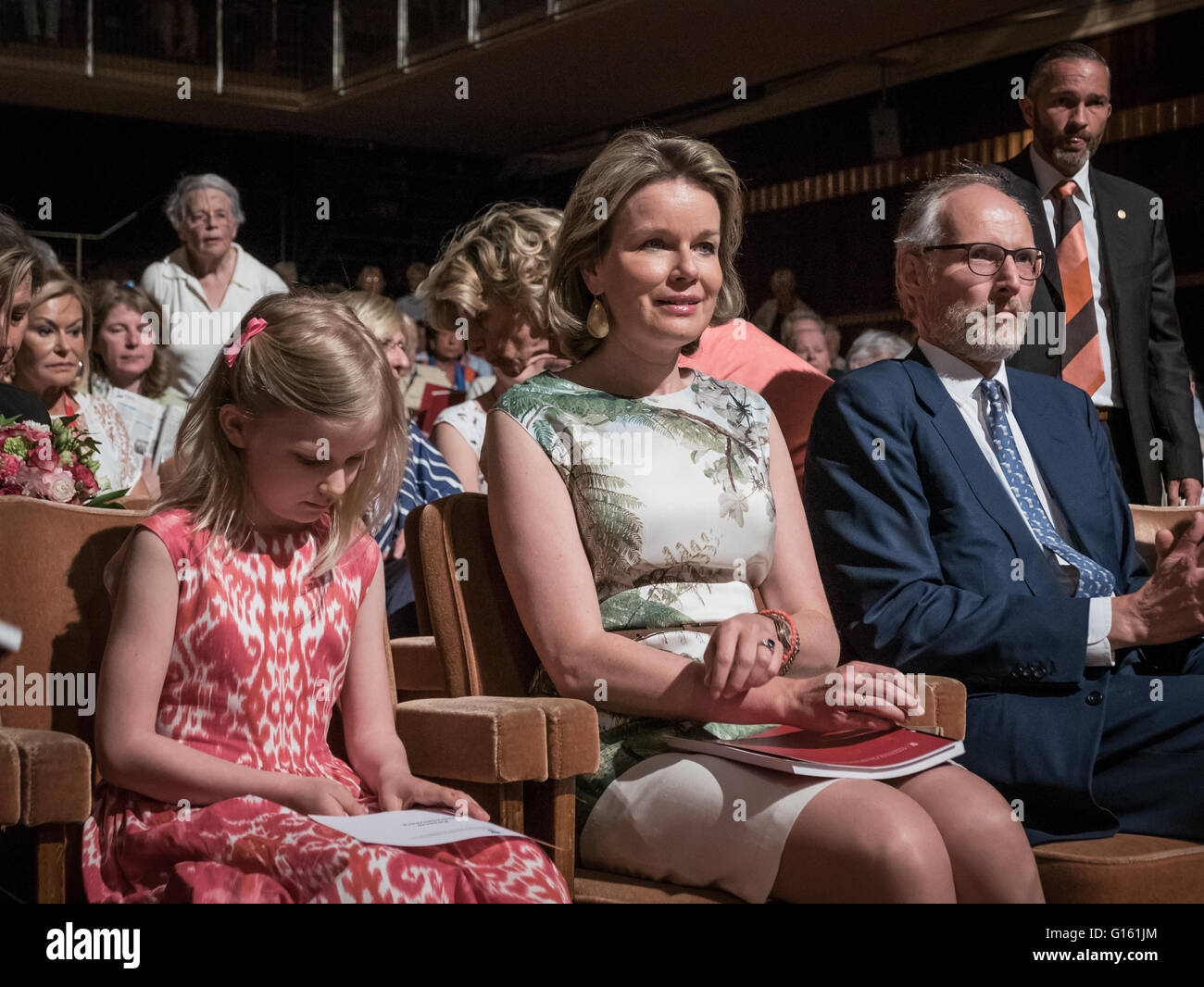 Brussels, Belgium. 09th May, 2016. HRM the Queen Mathilde and Princess  Eleonore of Belgium attend the first semi-finals of the Queen Elizabeth  contest dedicated to the piano this year in Brussels, Belgium. ©