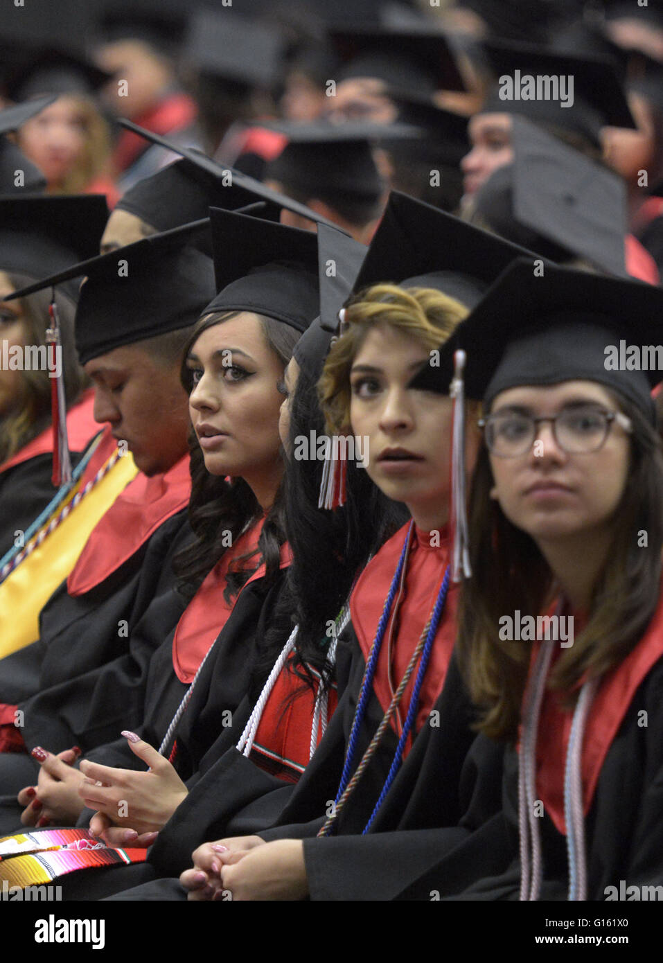 Usa. 9th May, 2016. ASEC -- Eli Grado, Yasmin Granados, Valeria Grijalva, Jovanna Gutierrez and Maxine Gutierres, from left, sit in rehearsal for Rio Grande High School's Commencement Ceremony in Tingley Coliseum on Monday, May 9, 2016. © Greg Sorber/Albuquerque Journal/ZUMA Wire/17�Թ����� Live News Stock Photo