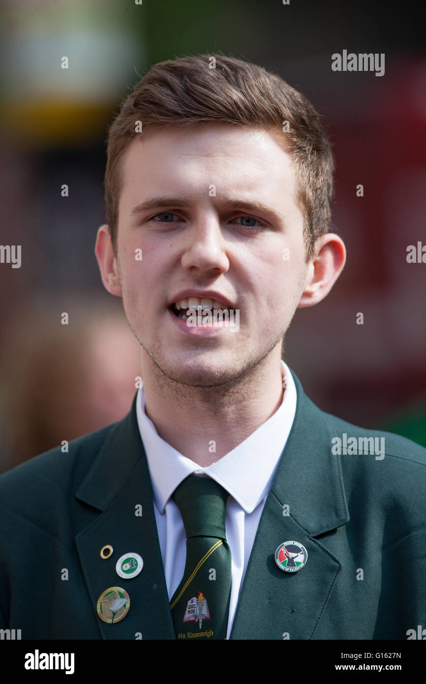 Belfast, UK. 9th May, 2016. Cónall Ó Corra from Coláiste Feirste school who was the main speaker at the protest outside BBC headquarters Omeau Avenue Belfast, The protest is in connection with what was described as the BBC cutting them short, when a question was raised in regard to the Irish language during a the BBC election debate Stock Photo