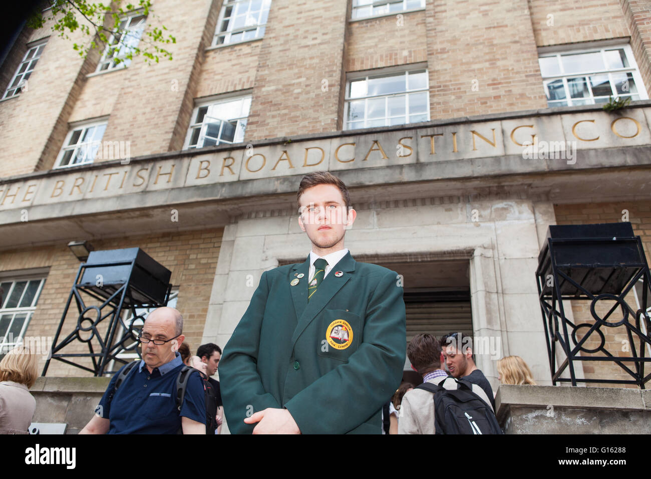 Belfast, UK. 9th May, 2016.  Cónall Ó Corra from Coláiste Feirste school  who was the main speaker at the protest outside BBC headquarters Omeau Avenue Belfast, The protest is in connection with what was described as the BBC cutting them short, when a question was raised in regard to the Irish language during a the BBC election debate Stock Photo