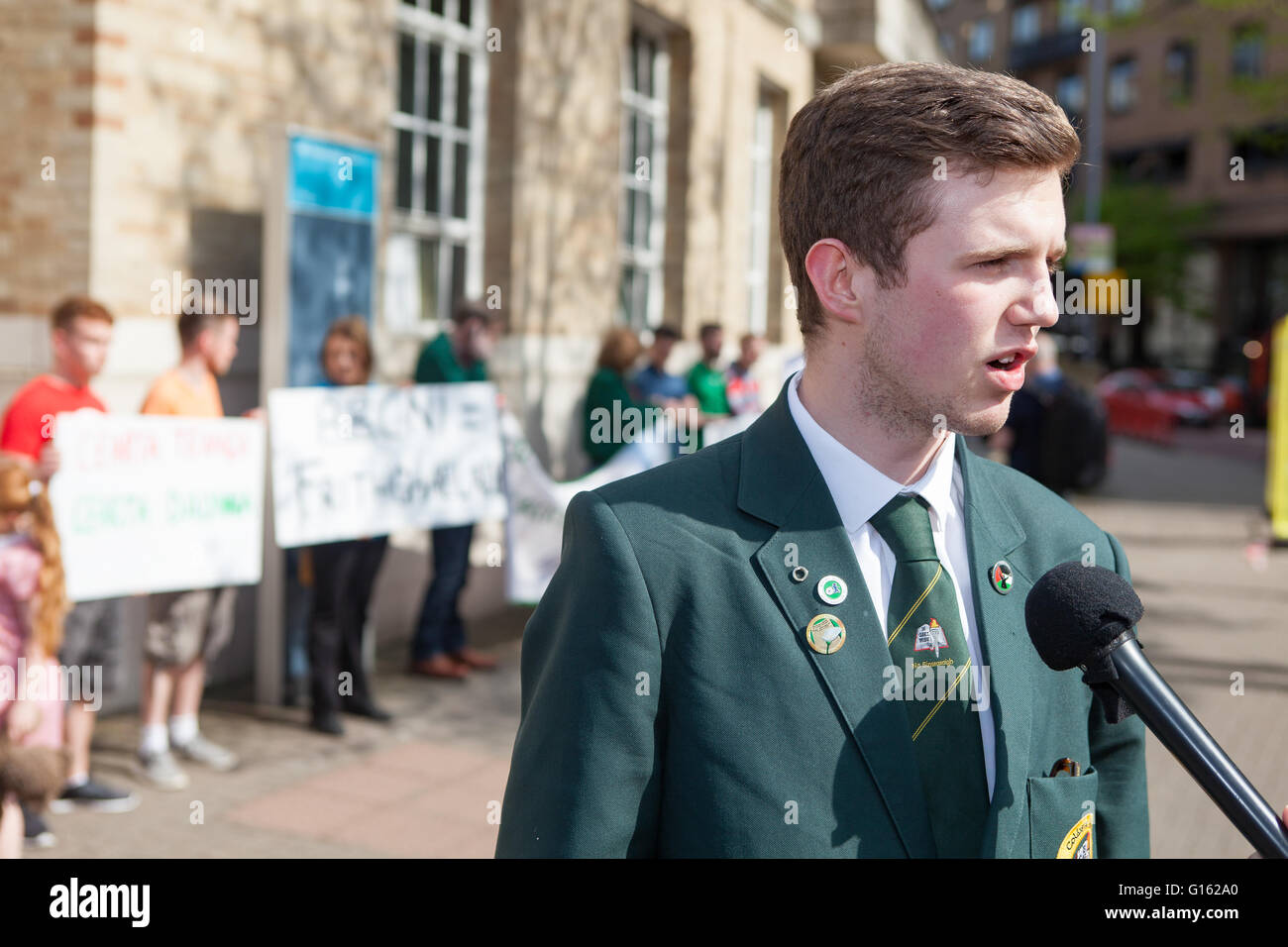 Belfast, UK. 9th May, 2016. Cónall Ó Corra from Coláiste Feirste school  who was the main speaker at the protest outside BBC headquarters Omeau Avenue Belfast, The protest is in connection with what was described as the BBC cutting them short, when a question was raised in regard to the Irish language during a the BBC election debate Stock Photo