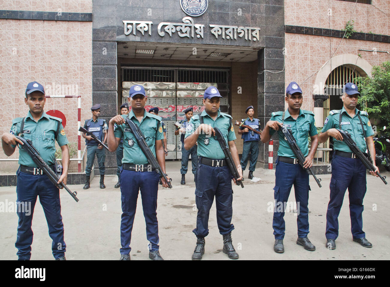 Dhaka. 10th May, 2016. Bangladeshi policemen stand guard in front of