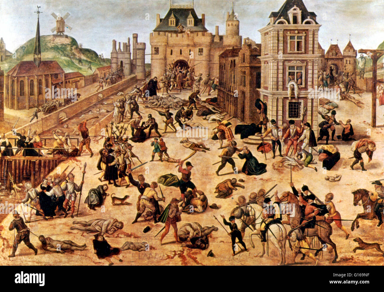 Painting by Francois Dubois, circa 1529, depicts Admiral Coligny's body hanging out of a window at the rear to the right. To the left rear, Catherine de' Medici is shown emerging from the Château du Louvre to inspect a heap of bodies. The St. Bartholomew' Stock Photo