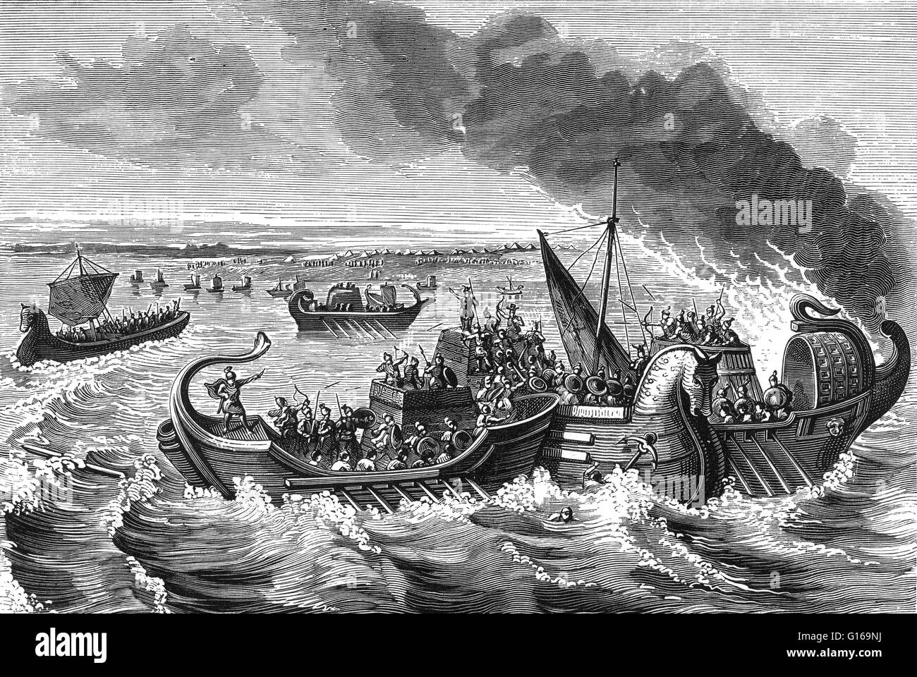 The Battle of Morbihan was a naval engagement between Roman and Veneti vessels on the Loire river, 56 BC. The Veneti were a seafaring Gallic people who lived in the Brittany peninsula (France), which in Roman times formed part of an area called Armorica. Like the rest of the Gauls, they were conquered by Julius Caesar in the Gallic Wars fought between 58 and 51 BC. Surviving members of Julius Caesar's Legio X Equestris were given lands in the area that today is called Narbonne. Illustration made from a bas-relief on the walls of Narbonne. Stock Photo