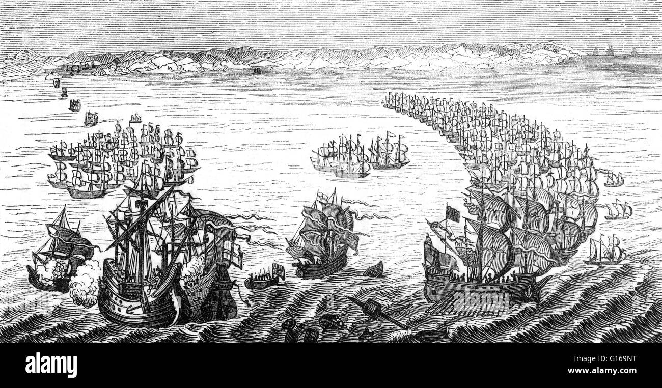 The Spanish Armada was the Spanish fleet that sailed against England in 1588, with the intention of overthrowing Elizabeth I of England and putting an end to her involvement in the Spanish Netherlands and in privateering in the Atlantic and Pacific. The A Stock Photo