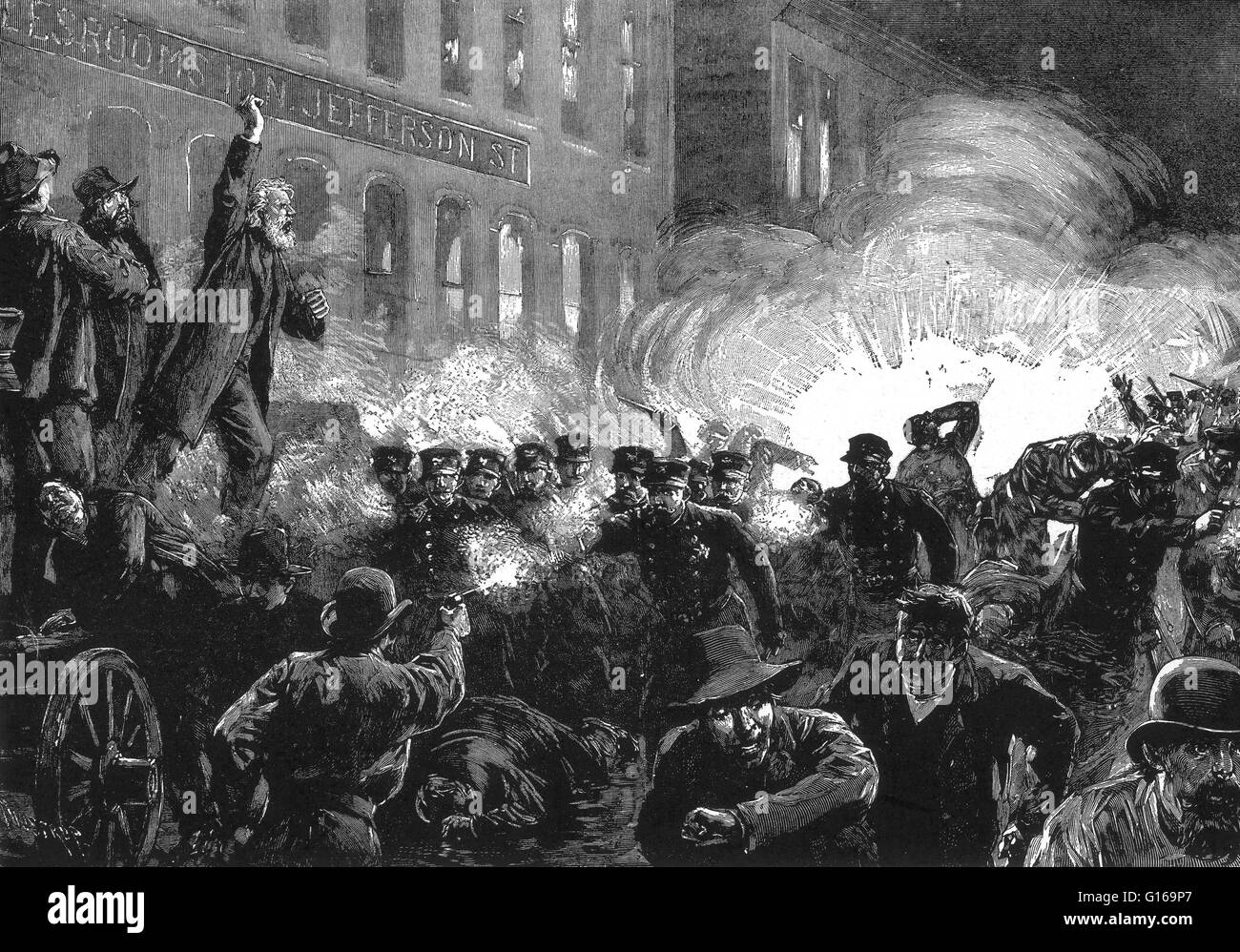 The Haymarket affair refers to the aftermath of a bombing that took place at a labor demonstration on May 4, 1886, at Haymarket Square in Chicago. It began as a peaceful rally in support of workers striking for an eight-hour day. An unknown person threw a dynamite bomb at police as they acted to disperse the public meeting. The bomb blast and ensuing gunfire resulted in the deaths of seven police officers, four civilians and many seriously wounded. In the internationally publicized legal proceedings that followed, eight anarchists were convicted of conspiracy. The evidence was that one of the  Stock Photo