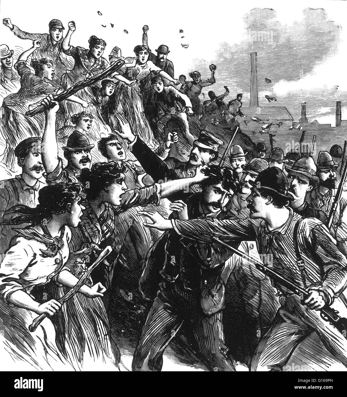 The Homestead Strike was an industrial lockout and strike which began on June 30, 1892, culminating in a battle between strikers and private security agents on July 6, 1892. The battle was the second largest and one of the most serious disputes in US labor history second only to the Battle of Blair Mountain. The dispute occurred at the Homestead Steel Works in the Pittsburgh area town of Homestead, Pennsylvania, between the Amalgamated Association of Iron and Steel Workers (the AA) and the Carnegie Steel Company. The final result was a major defeat for the union and a setback for efforts to un Stock Photo