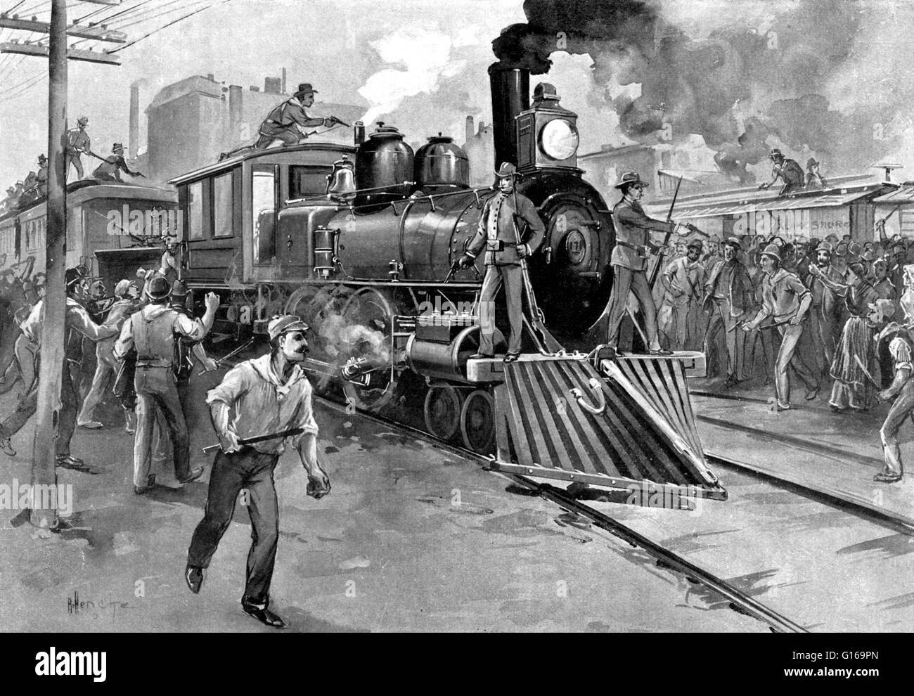 The Pullman Strike was a nationwide conflict in the summer of 1894 between the new American Railway Union (ARU) and railroads that occurred in the United States. It shut down much of the nation's freight and passenger traffic west of Detroit, Michigan. The conflict began in the town of Pullman, Illinois, on May 11 when nearly 4,000 employees of the Pullman Palace Car Company began a wildcat strike in response to recent reductions in wages. Most factory workers who built Pullman cars lived in the planned worker community of Pullman. When his company laid off workers and lowered wages, it did no Stock Photo