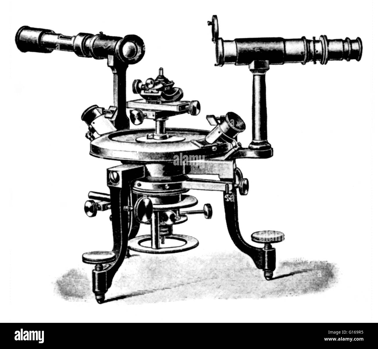 A goniometer is an instrument that either measures an angle or allows an object to be rotated to a precise angular position. The term goniometry is derived from two Greek words, g?nia, meaning angle, and metron, meaning measure. In crystallography, goniom Stock Photo