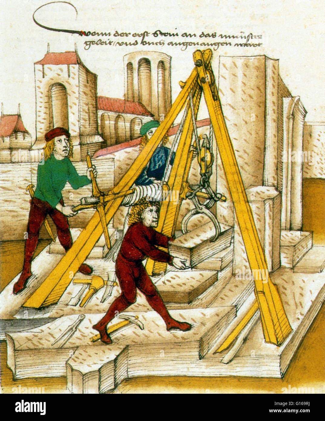 Illustration depicting the construction of the great church of Bern. Blocks of stone have been rough hewn before being transported  to the building site. They are being raised by means of a lewis, an instrument from Operative Masonry. It is an iron cramp Stock Photo
