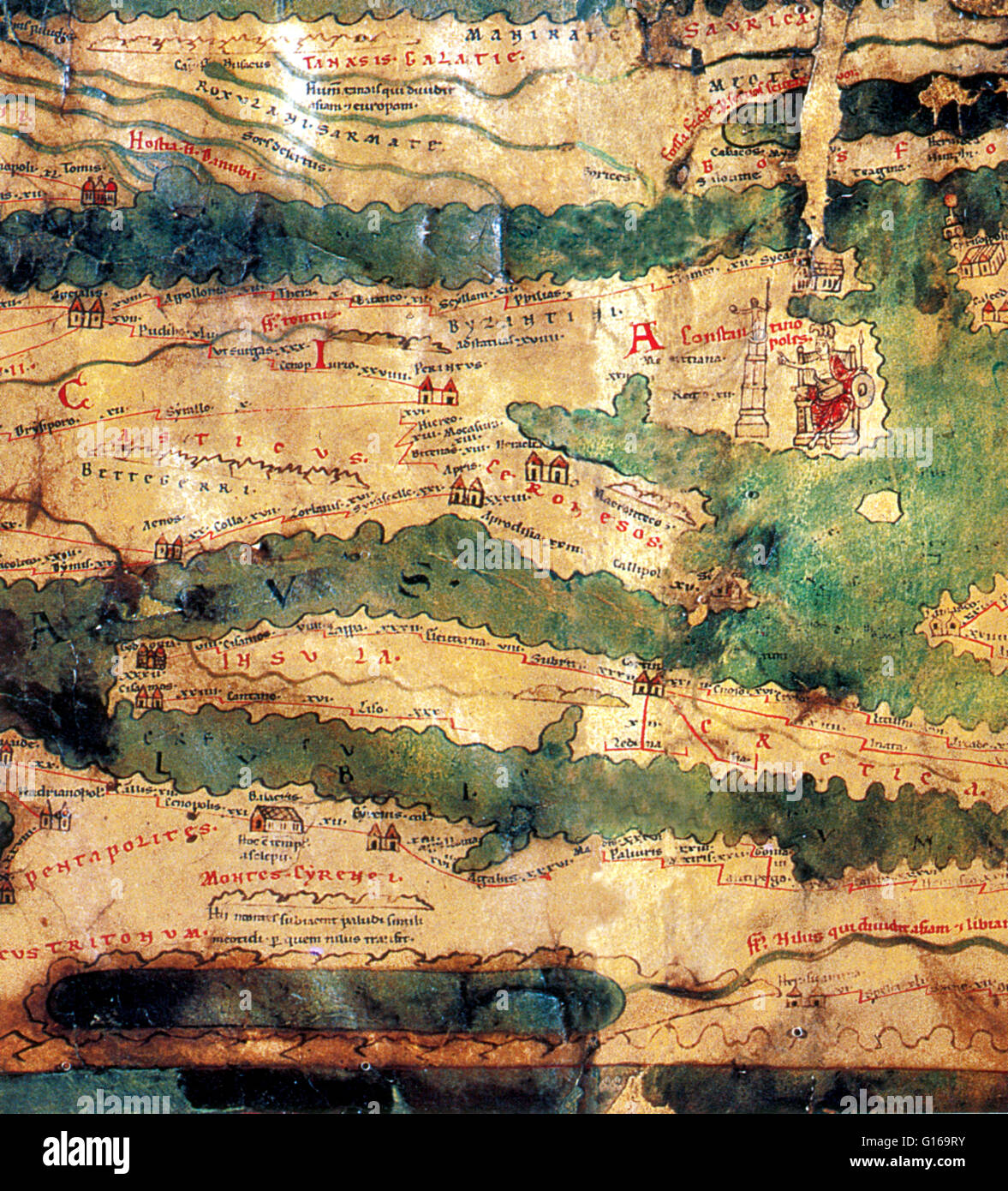 Detail of the Tabula Peutingeriana, an illustrated itinerarium (road map) showing the cursus publicus, the road network in the Roman Empire. The original map (of which this is a unique copy) was last revised in the fourth or early fifth century. It is tho Stock Photo