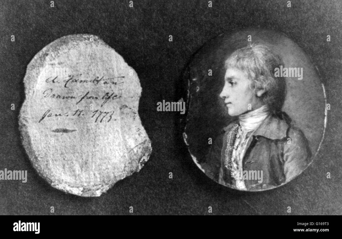 Photograph of miniature watercolor and ink portrait showing Hamilton 'drawn from life, January 11, 1773'. Alexander Hamilton (January 11, 1755 or 1757 - July 12, 1804) was a Founding Father of the United States and one of the most influential interpreters Stock Photo