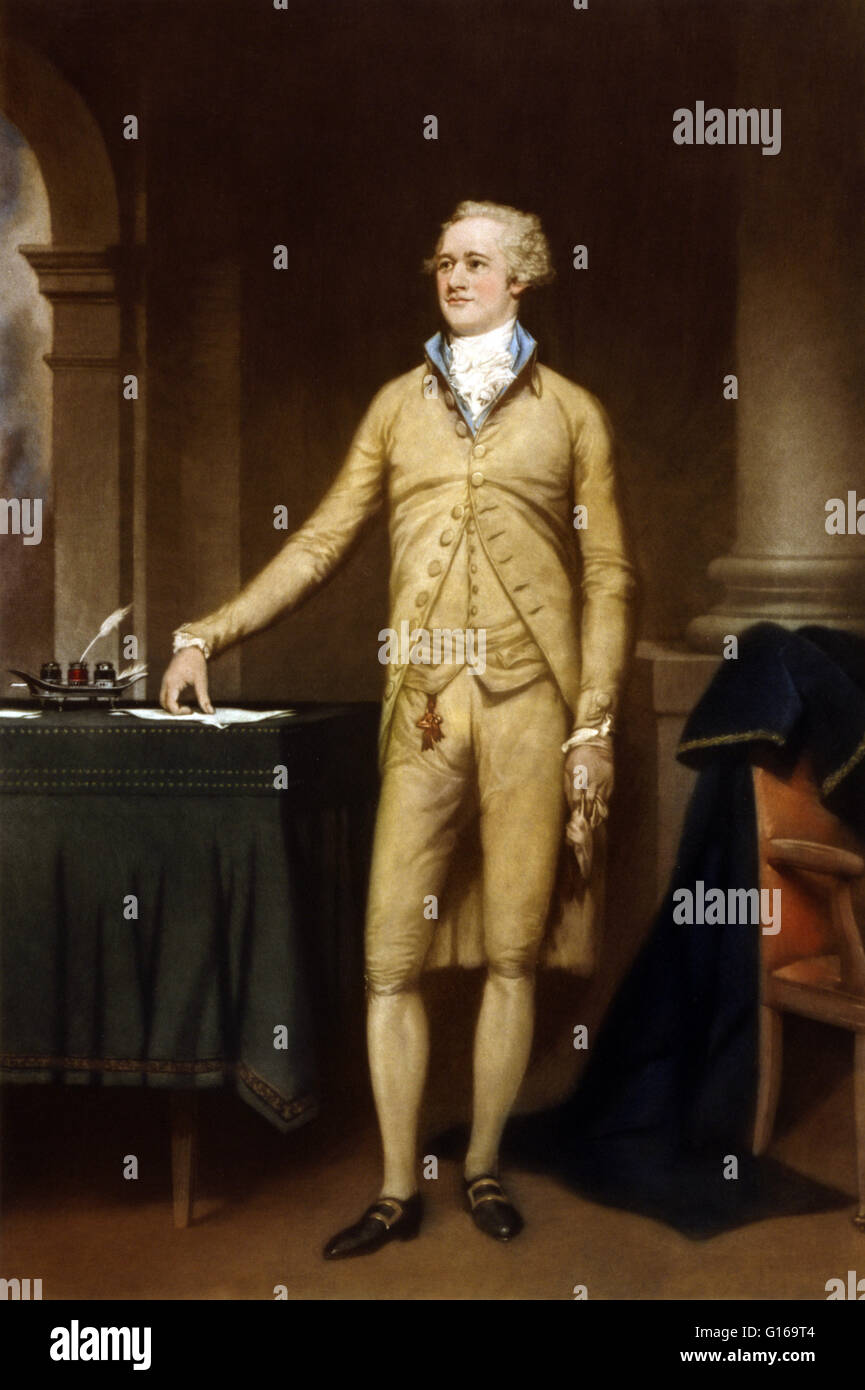 Hamilton, full-length portrait painted by Thomas Hamilton Crawford. Alexander Hamilton (January 11, 1755 or 1757 - July 12, 1804) was a Founding Father of the United States and one of the most influential interpreters and promoters of the Constitution. Bo Stock Photo