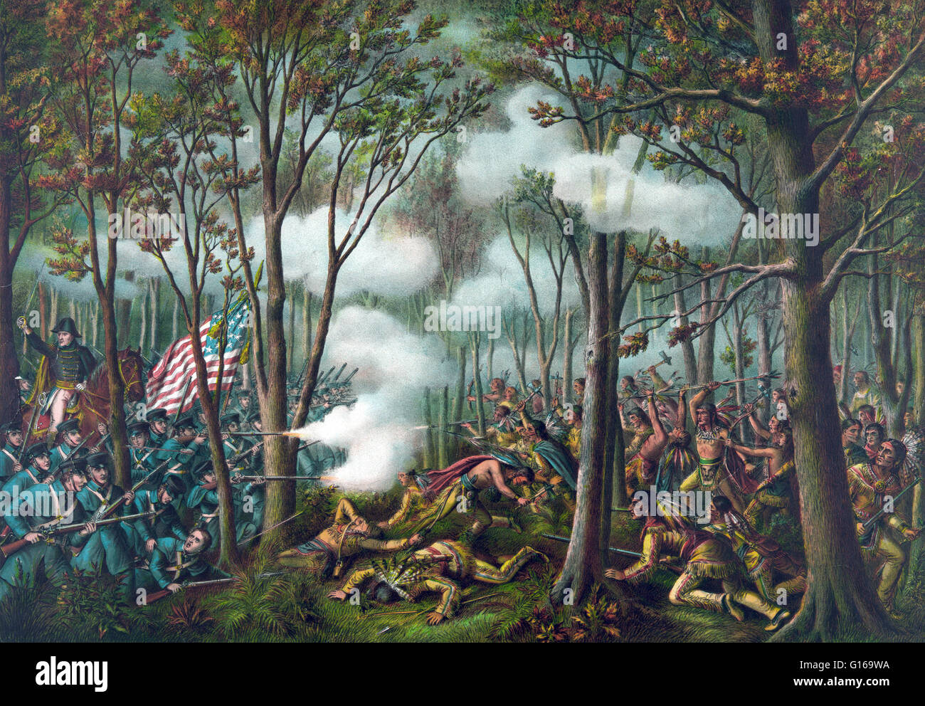 The Battle of Tippecanoe was fought on November 7, 1811, between U.S. forces led by Governor William Henry Harrison of the Indiana Territory and Native American warriors associated with the Shawnee leader Tecumseh. Tecumseh and his brother Tenskwatawa wer Stock Photo