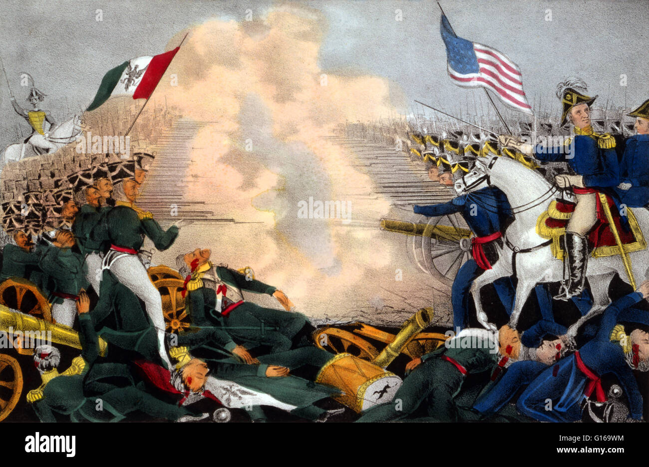 Lithograph entitled: 'Battle of Buena Vista. The American Army under General Taylor were completely victorious.' The Battle of Buena Vista (February 23, 1847), also known as the Battle of Angostura, saw the U.S. Army use artillery to repulse the much larg Stock Photo