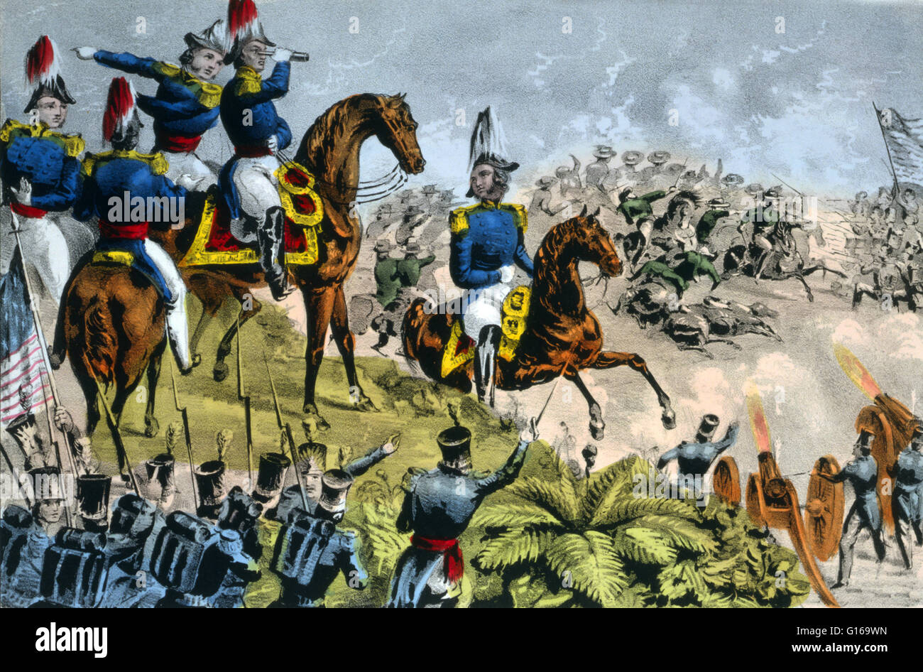 Lithograph entitled: 'General Taylor, at the Battle of Buena Vista.' The Battle of Buena Vista (February 23, 1847), also known as the Battle of Angostura, saw the U.S. Army use artillery to repulse the much larger Mexican army in the Mexican-American War. Stock Photo